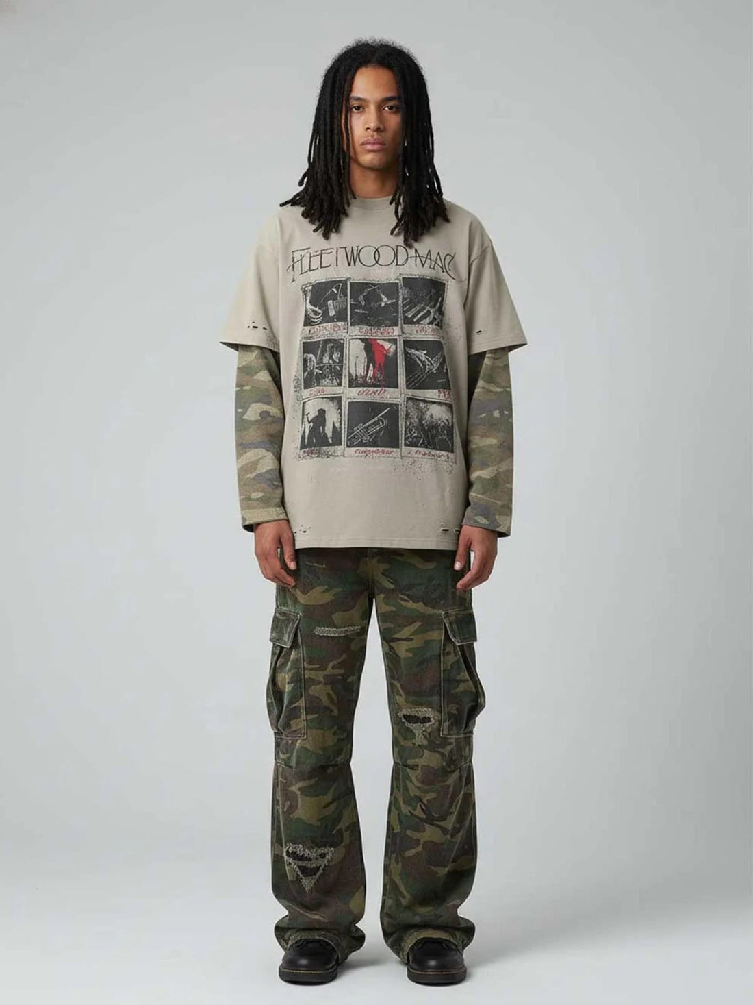 CAMOUFLAGE DISTRESSED FAKE TWO-PIECE LONG SLEEVE GRAPHIC T-SHIRT