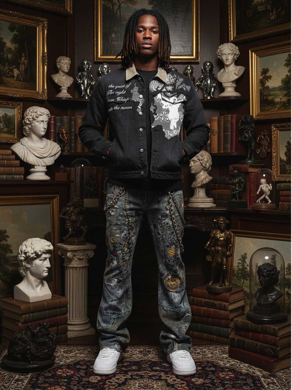 COSMIC ANGEL© Y2K WASHED EMBROIDRED GRAPHIC COLLAR DENIM BLACK JACKET