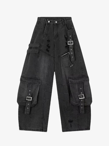 CYBER Y2K WASHED RIPPED BLUE BAGGY CARGO BARREL JEANS
