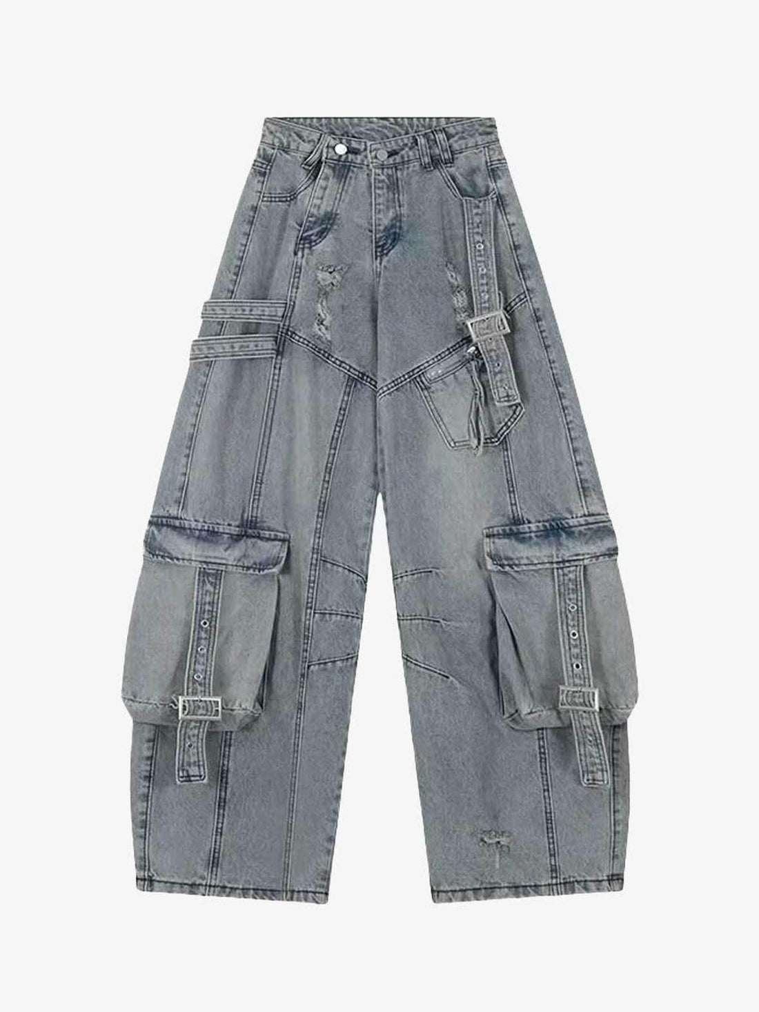 CYBER Y2K WASHED RIPPED BLUE BAGGY CARGO BARREL JEANS