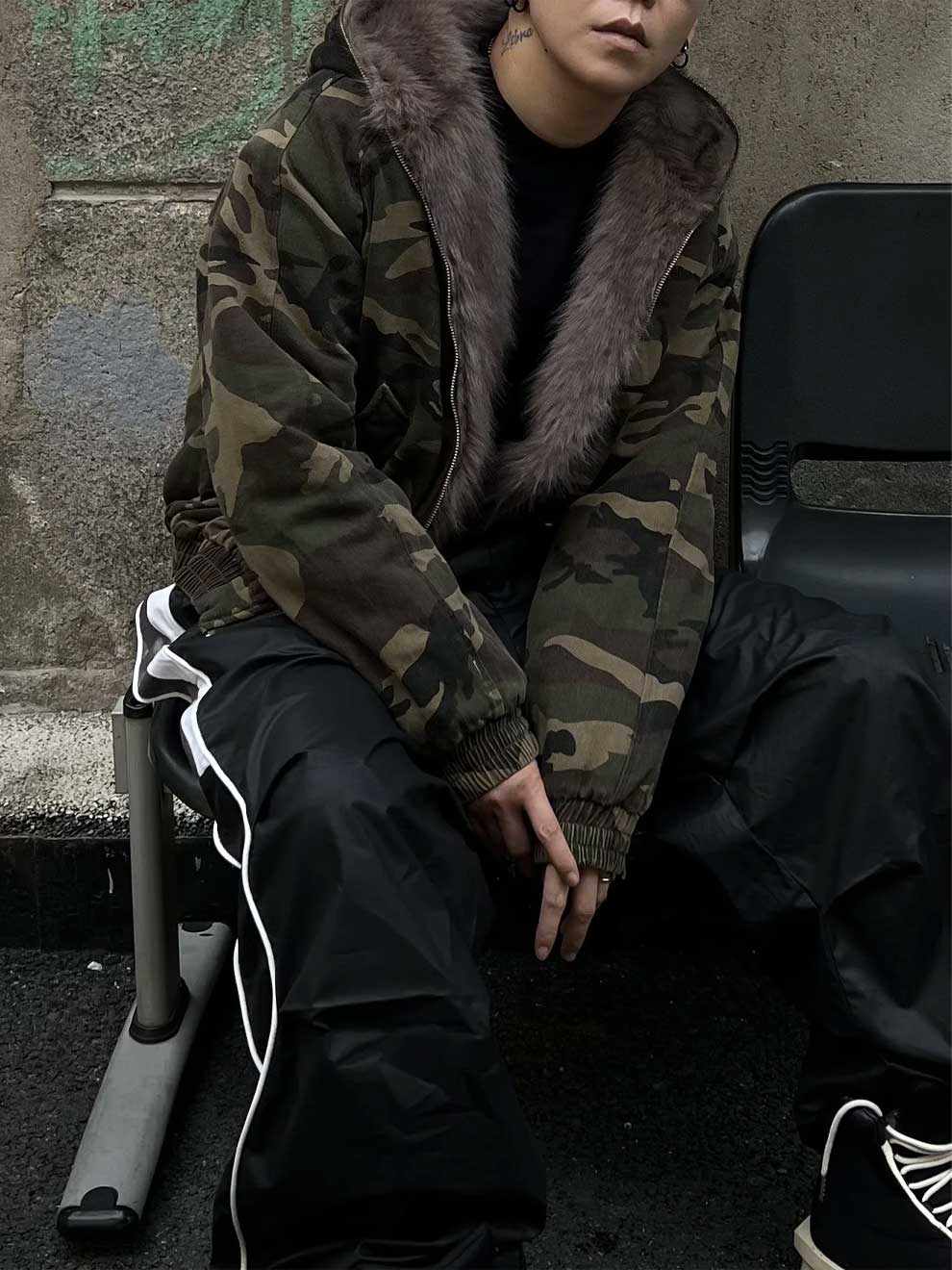 Camouflage Fur-Lined Bomber Jacket - Oversized Y2K Streetwear Hooded Coat
