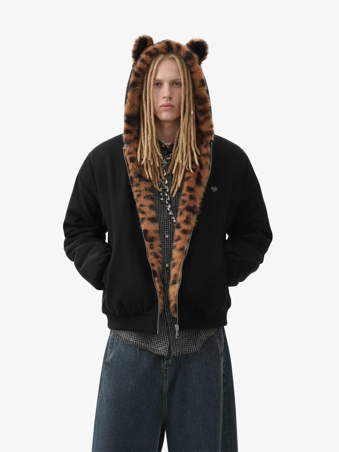 LEOPARD CAT EARS PATTERN FUAX-FUR HOODED JACKET