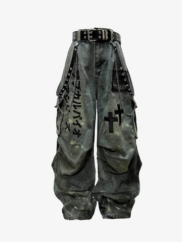 DARK GRAFFITI CROSS PATCHWORK CARGO BARREL WIDE LEG JEANS
