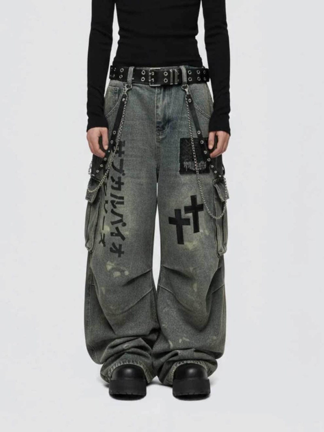 DARK GRAFFITI CROSS PATCHWORK CARGO BARREL WIDE LEG JEANS
