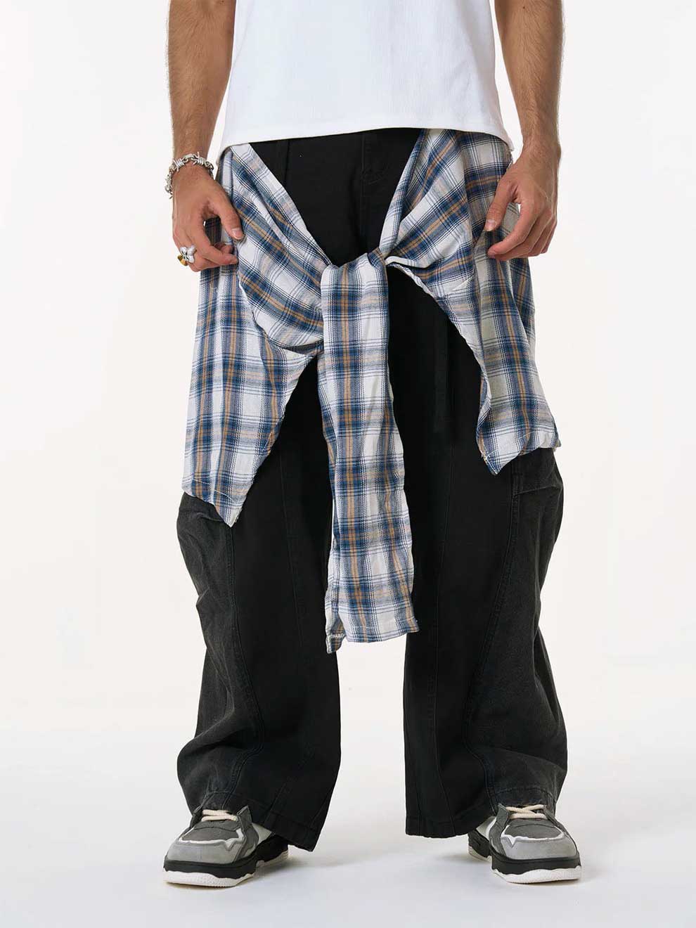 DENIM FAUX TWO PIECE PLAID DETACHABLE SCIMITAR JEANS