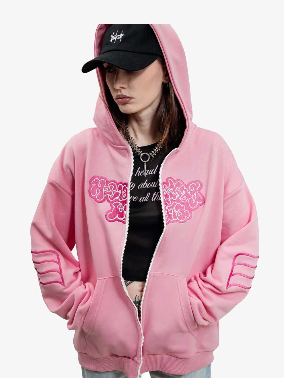 EMBROIDERED PINK Y2K ZIP UP HOODIE