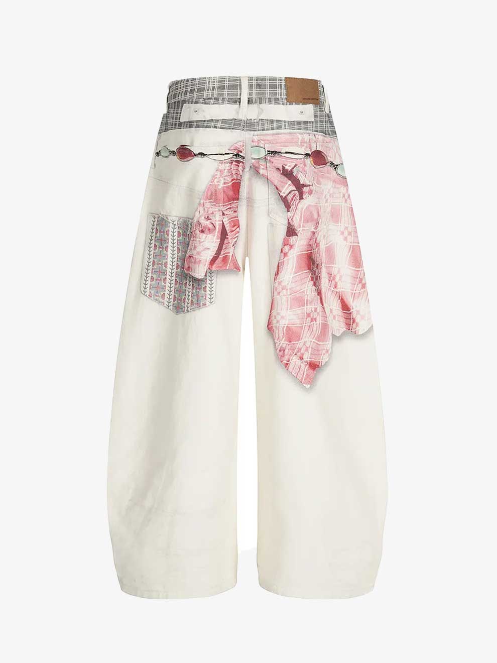 FALSE TWO PIECE CHEERED 3D PRINTING WHITE BARREL JEANS