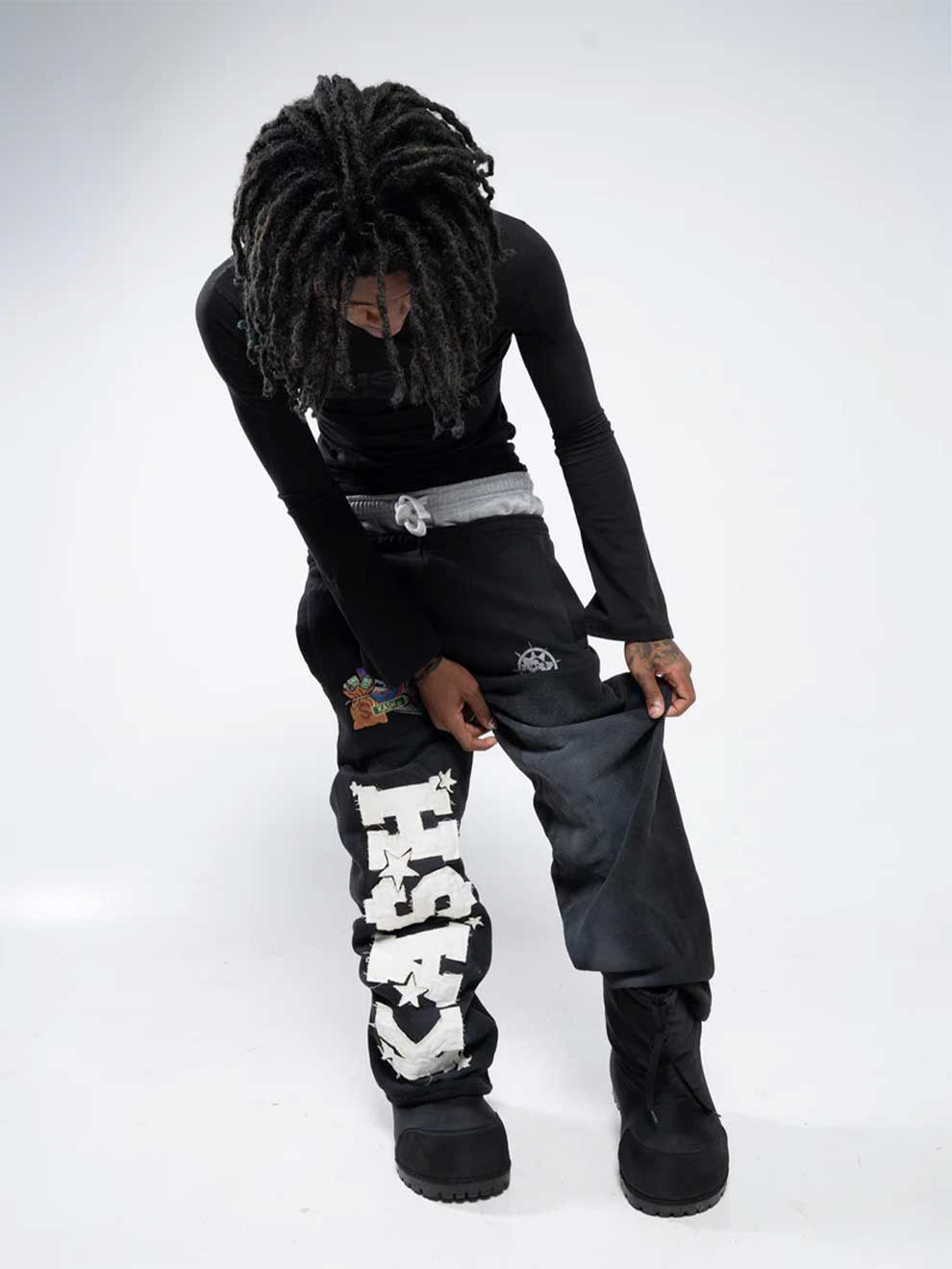 LETTER PATCH ELASTIC WIDE LEG Y2K SWEATPANTS