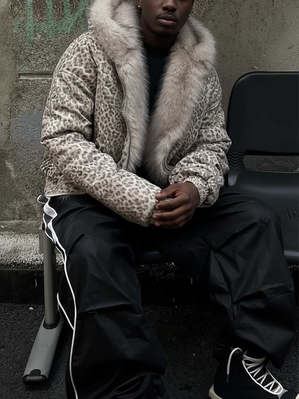 Leopard Designer Streetwear Print Padded  Hooded Jacket - Plush Faux Fur Trim Coat