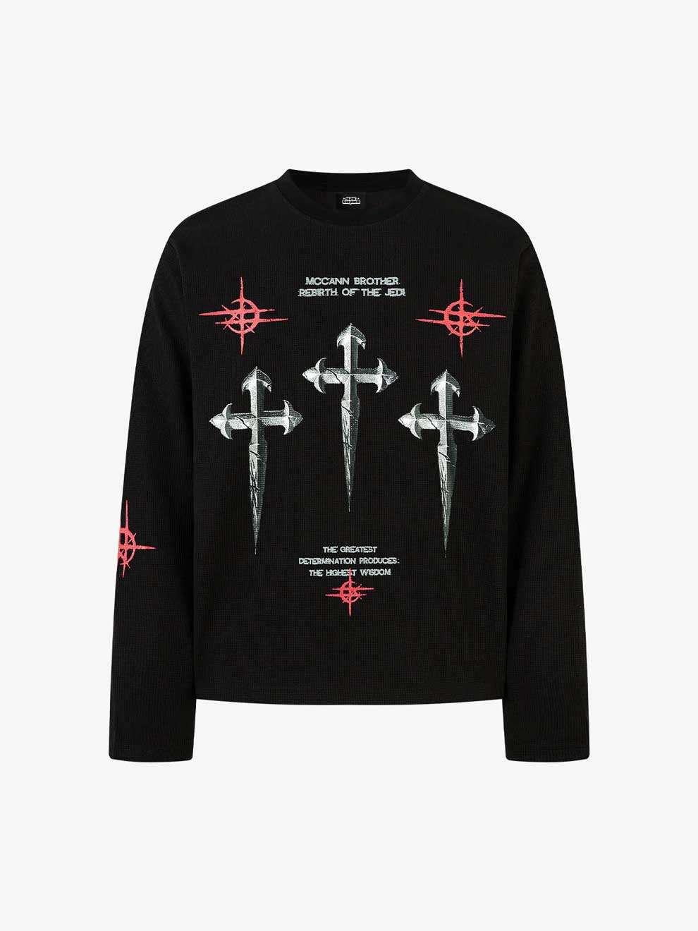 LETTER PRINT WAFFLE CROSS LONG SLEEVED T-SHIRT