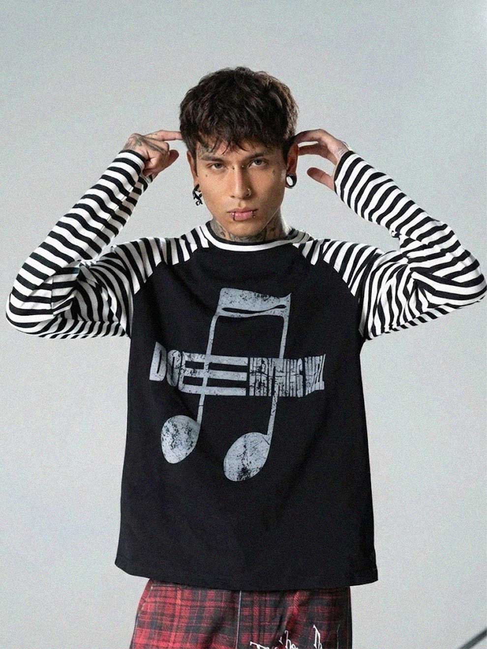 MUSICAL NOTE STRIPED RAGLAN SLEEVES TEE