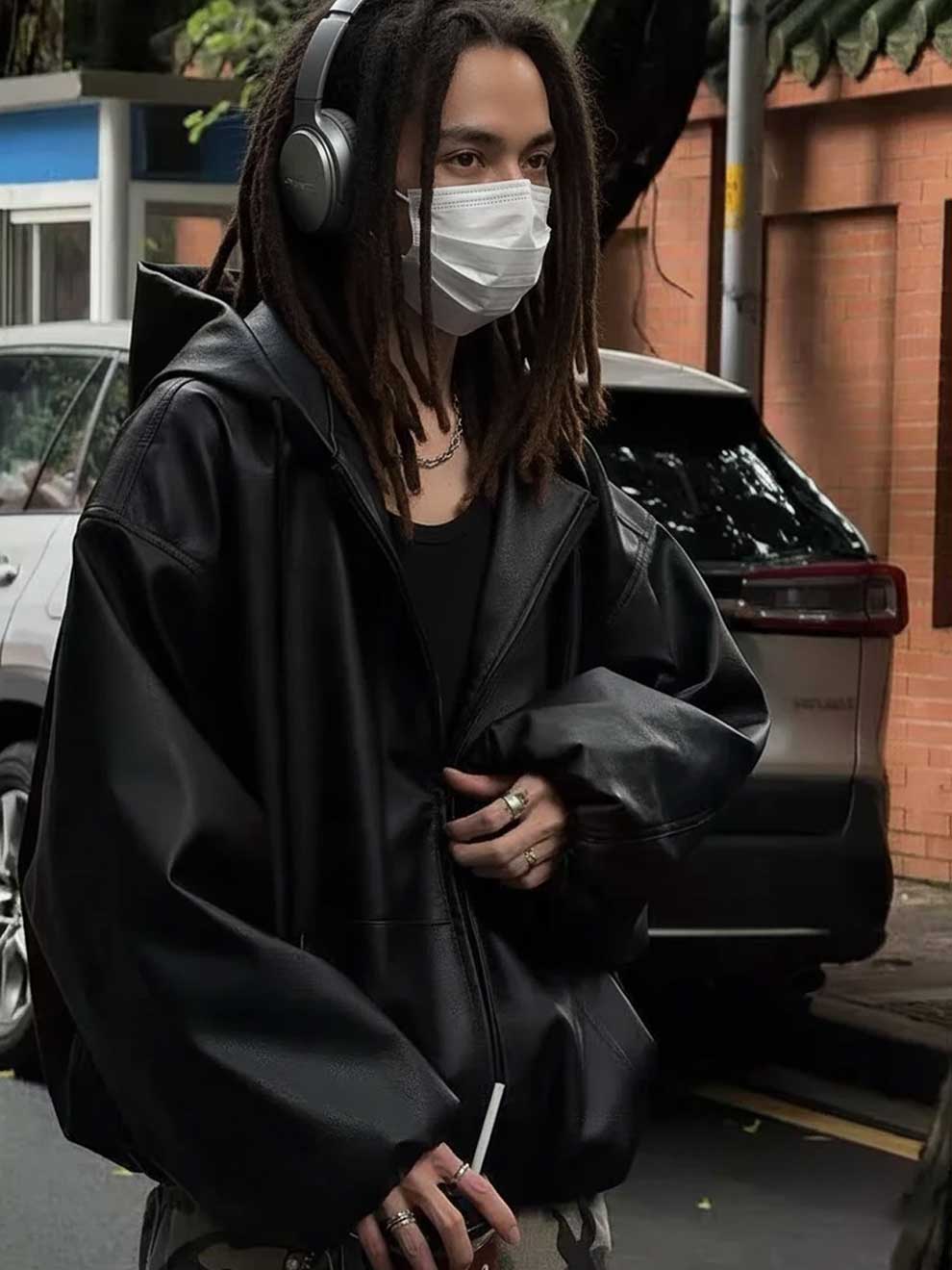 Oversized Black Faux Leather Hooded Jacket - Y2K Streetwear Windbreaker