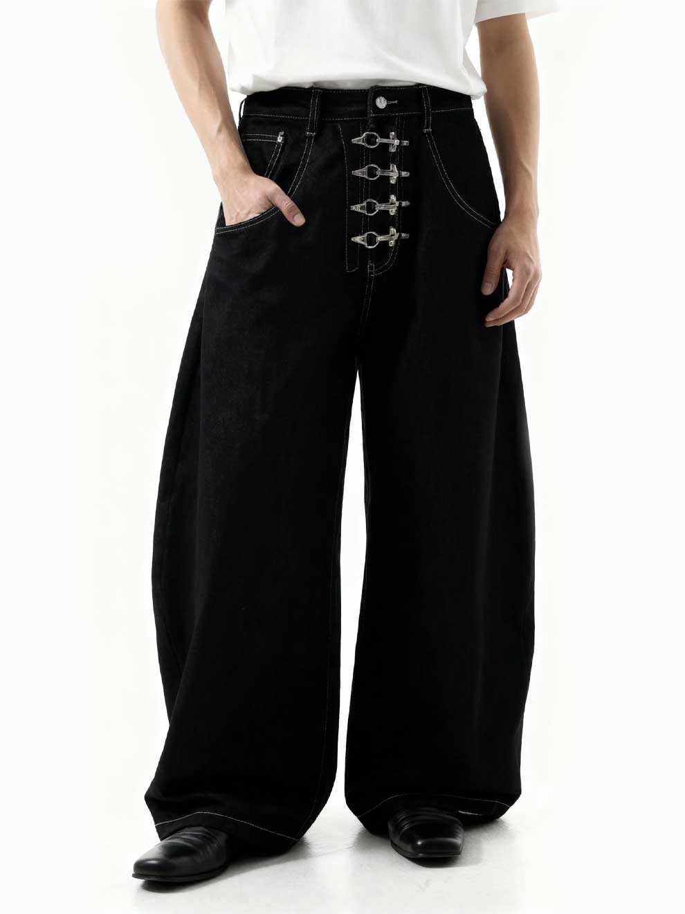 PAN DENIM STYLE METAL BUCKLE BARREL JEANS