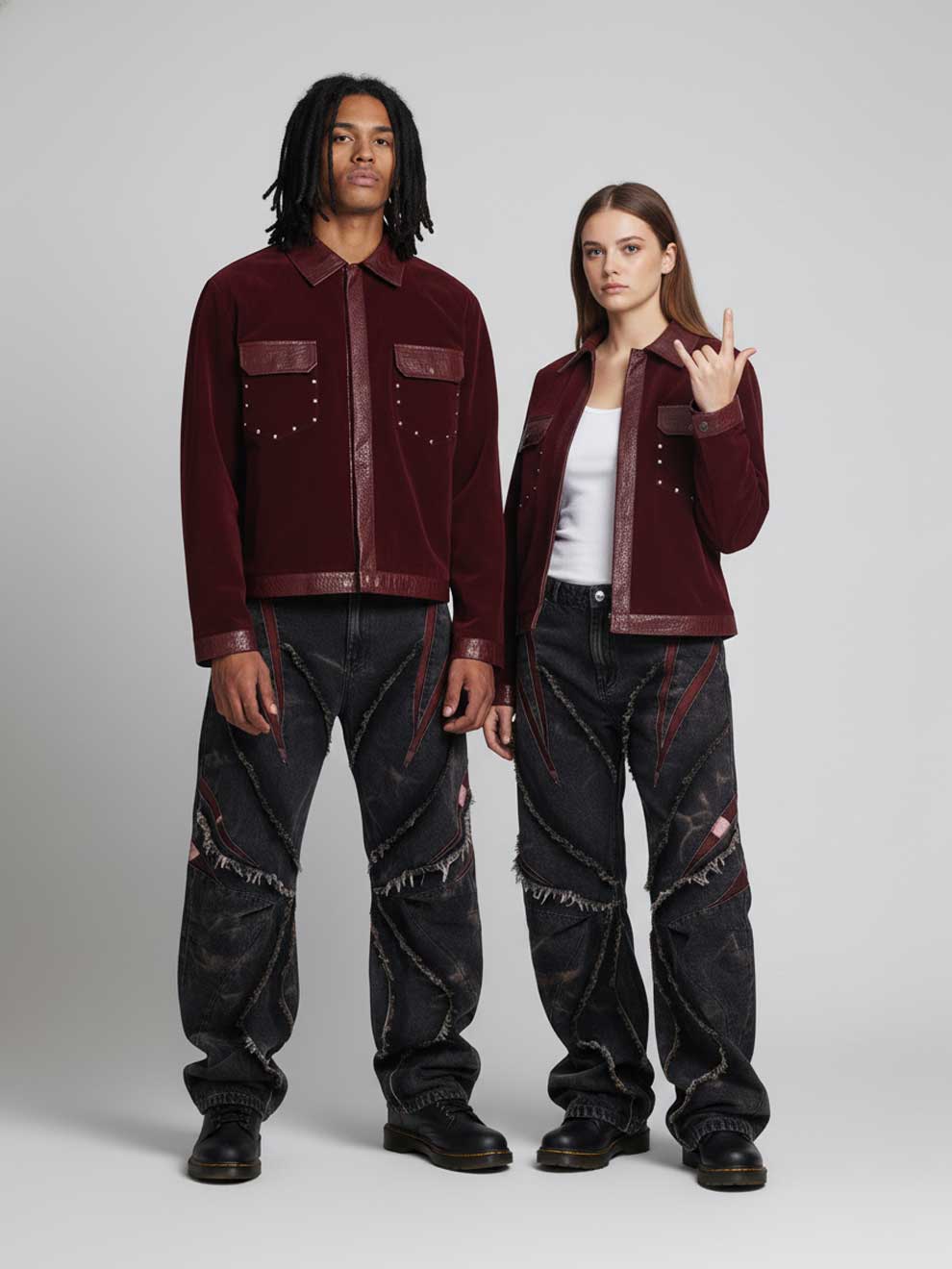 RHINESTONE BURGENDY LEATHER POCKETS TURN-DOWN JACKET