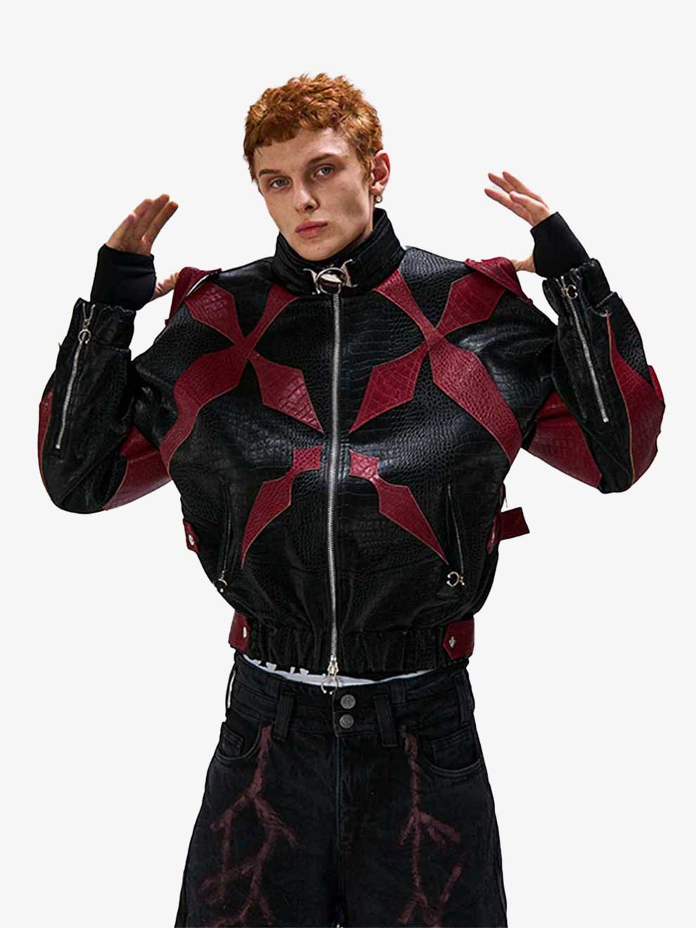 RED CROCODILE PRINT PATCHWORK BIKER LEATHER JACKET