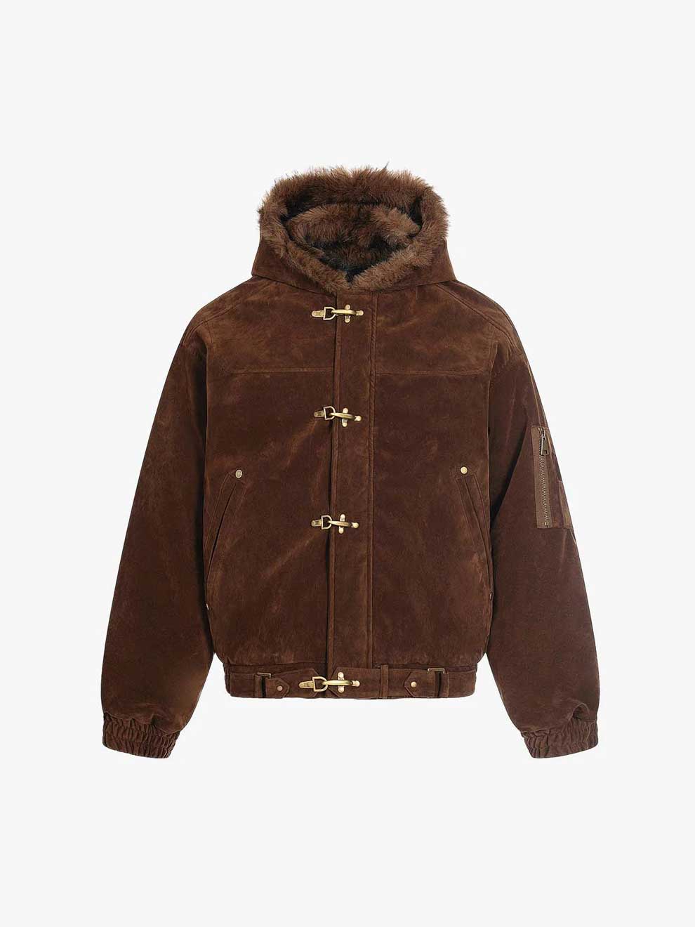 STREETWEAR METAL CLIP FAUX FUR HOODED SUEDE BOMBER JACKET