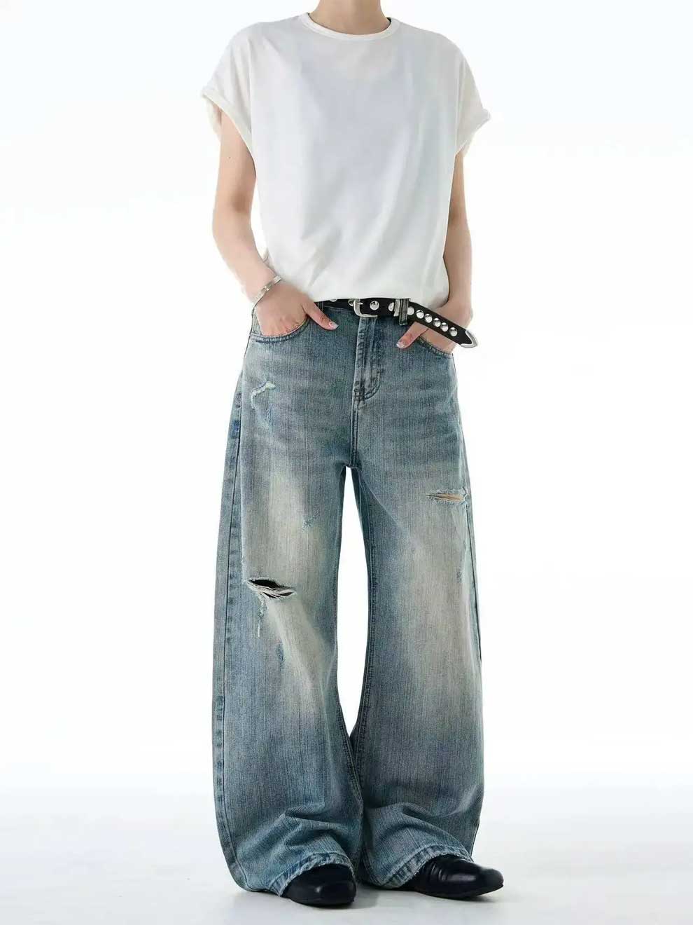 VINTAGE WASHED RIPPED WORN OUT HOLES WIDE LEG JEANS