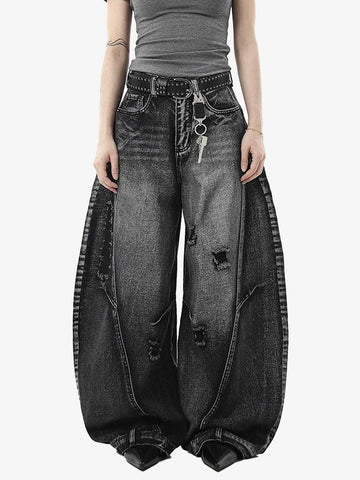 VINTAGE BLACK WIDE-LEG CARGO BARREL JEANS – Y2K HIGH-WAIST BAGGY DENIM