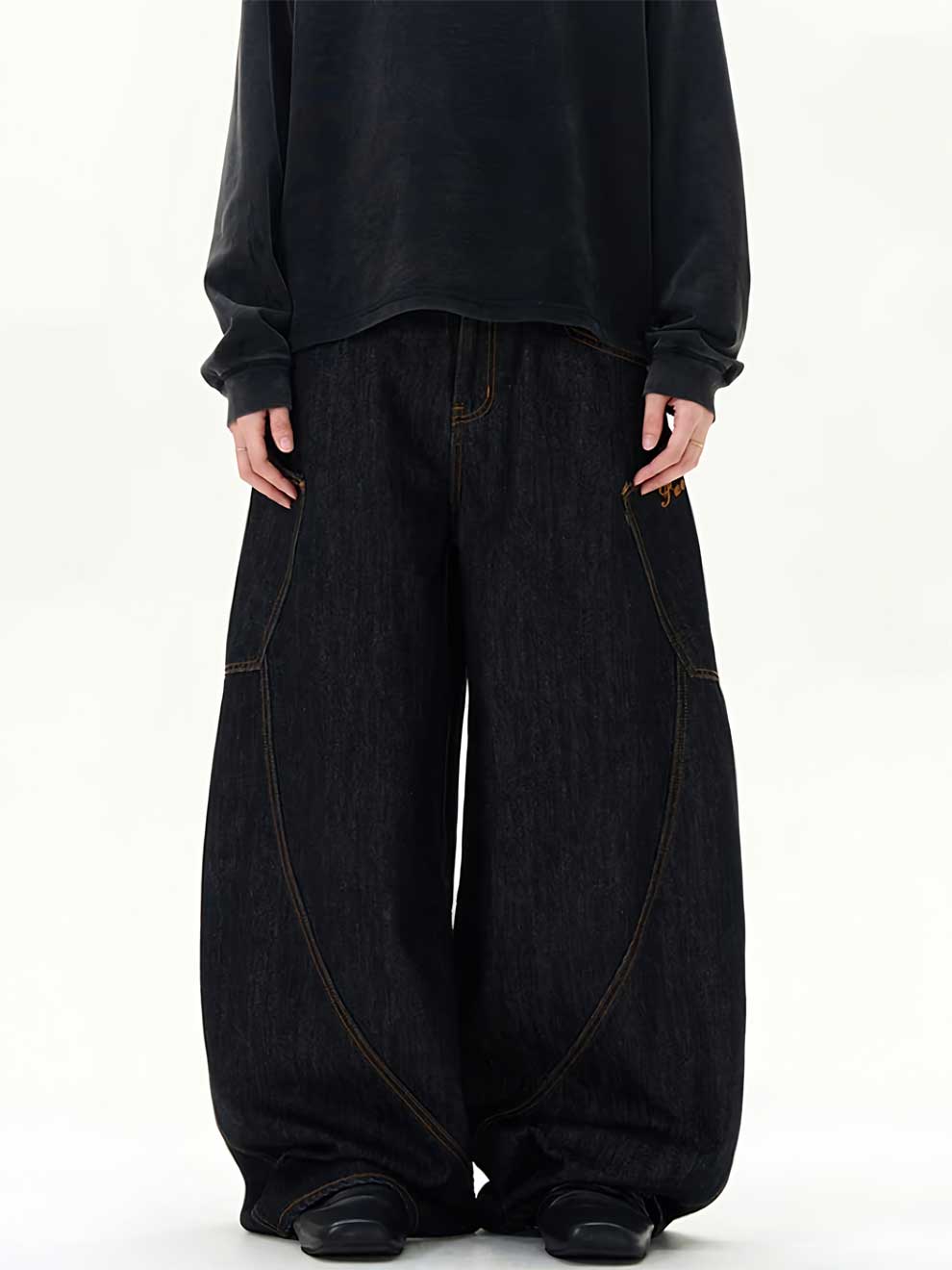 WIDE LEG BLACK BAGGY SIDE POCKET DENIM JEANS
