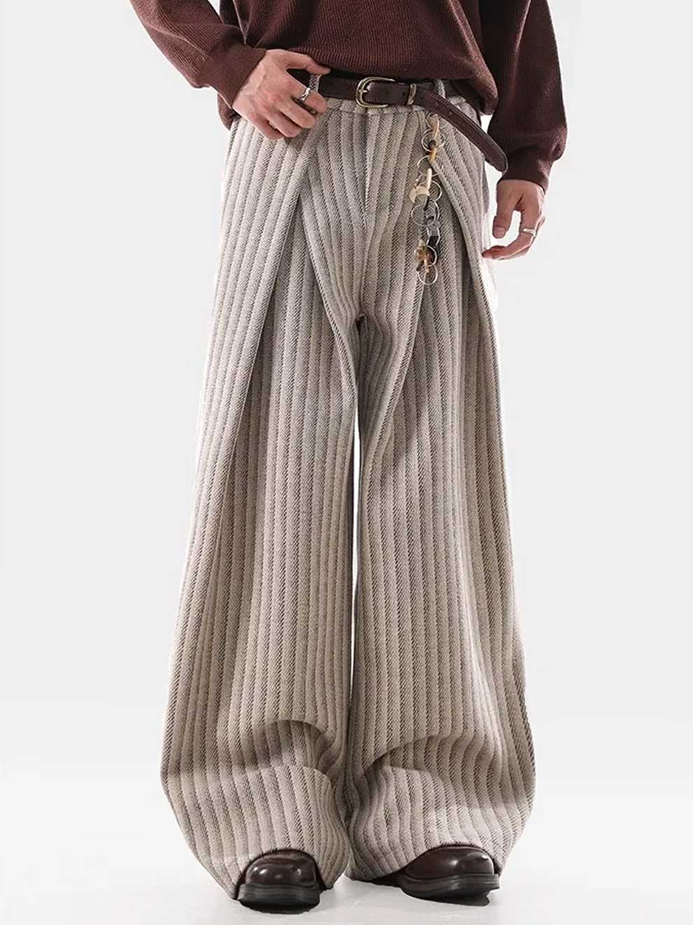 WOOLEN STRIPED PLEATED KOREAN WIDE LEG PANTS