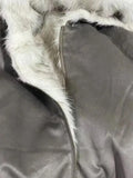 Close-up of a gray jacket with white fur trim