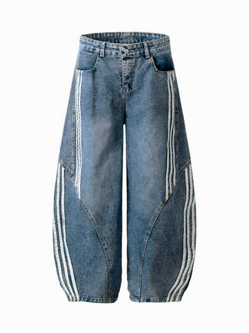 Y2K BLUE STRIPED STITCHING WIDE-LEG RETRO STREET DENIM BARREL JEANS