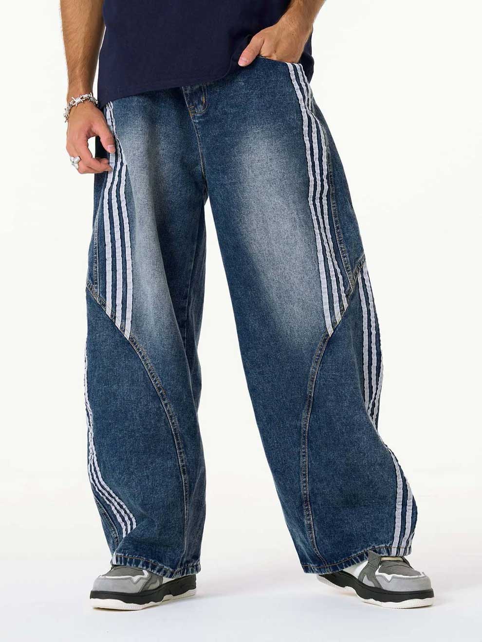 Y2K BLUE STRIPED STITCHING WIDE-LEG RETRO STREET DENIM BARREL JEANS