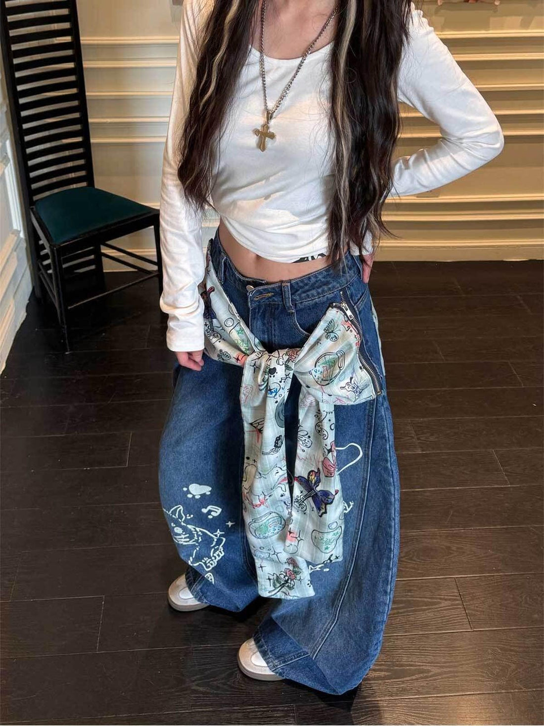 GRAFFITI PRINT SCARF PATCHWORK WIDE LEG BARREL JEANS