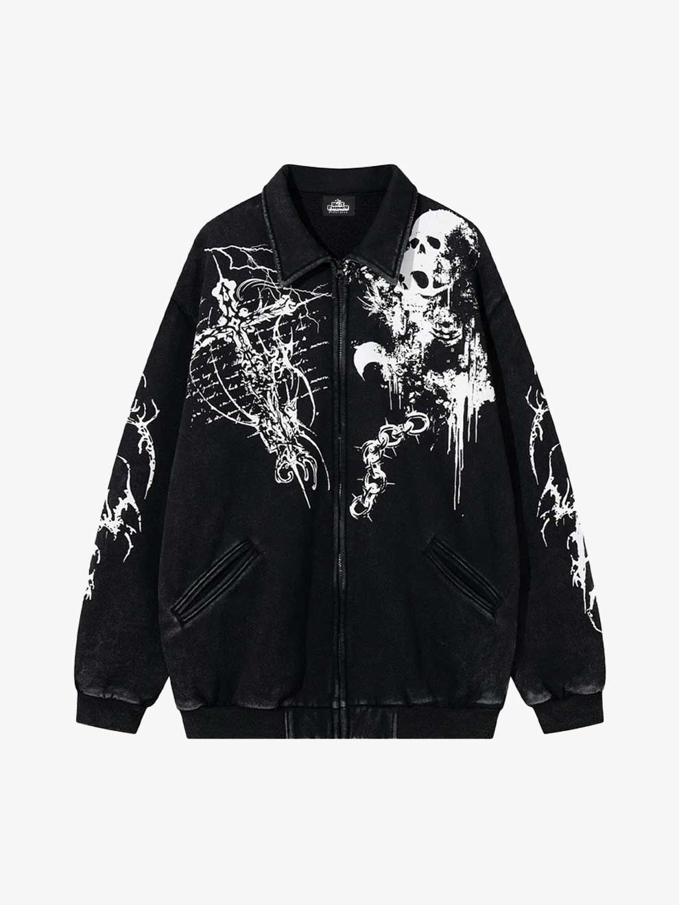 Y2K Grunge Dark Skull Cross Print Turn-Down Zipper Collar Jacket - Vintage Wash Lapel Collar Sweatshirt Jacket