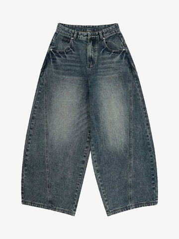 VINTAGE WASHED DYE PATCHWORK BARREL WIDE LEG DENIM JEANS