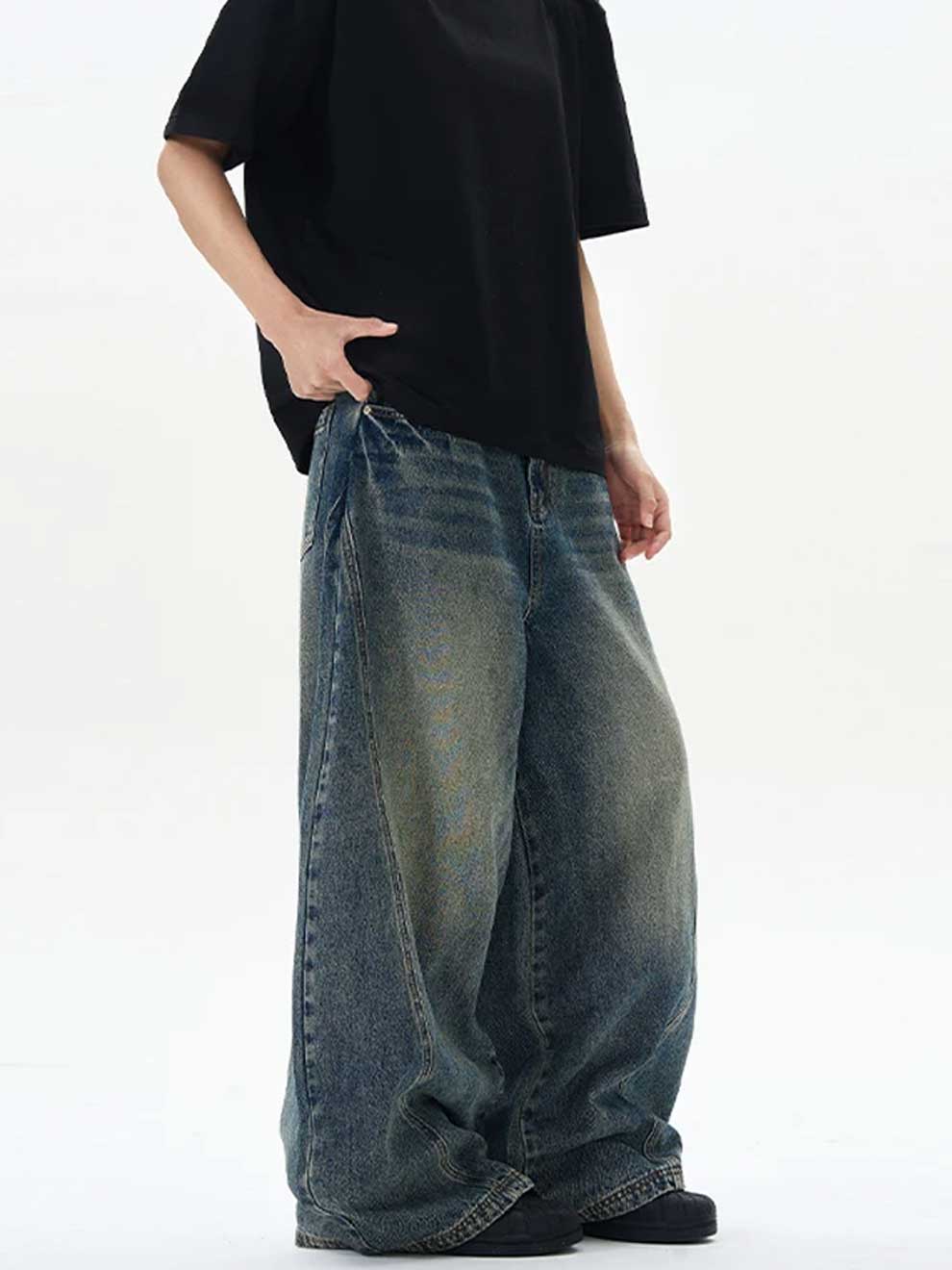 VINTAGE WASHED DYE PATCHWORK BARREL WIDE LEG DENIM JEANS