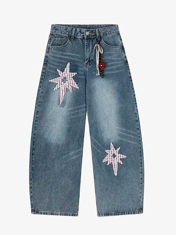 Y2K EMBROIDERED NORTH STARS BAGGY DENIM WIDE LEG JEANS