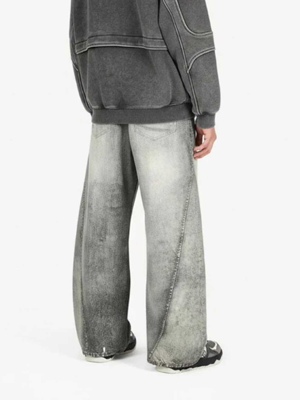 GRAY VINTAGE HEAVY DISTRESSED WASHED BARREL JEANS