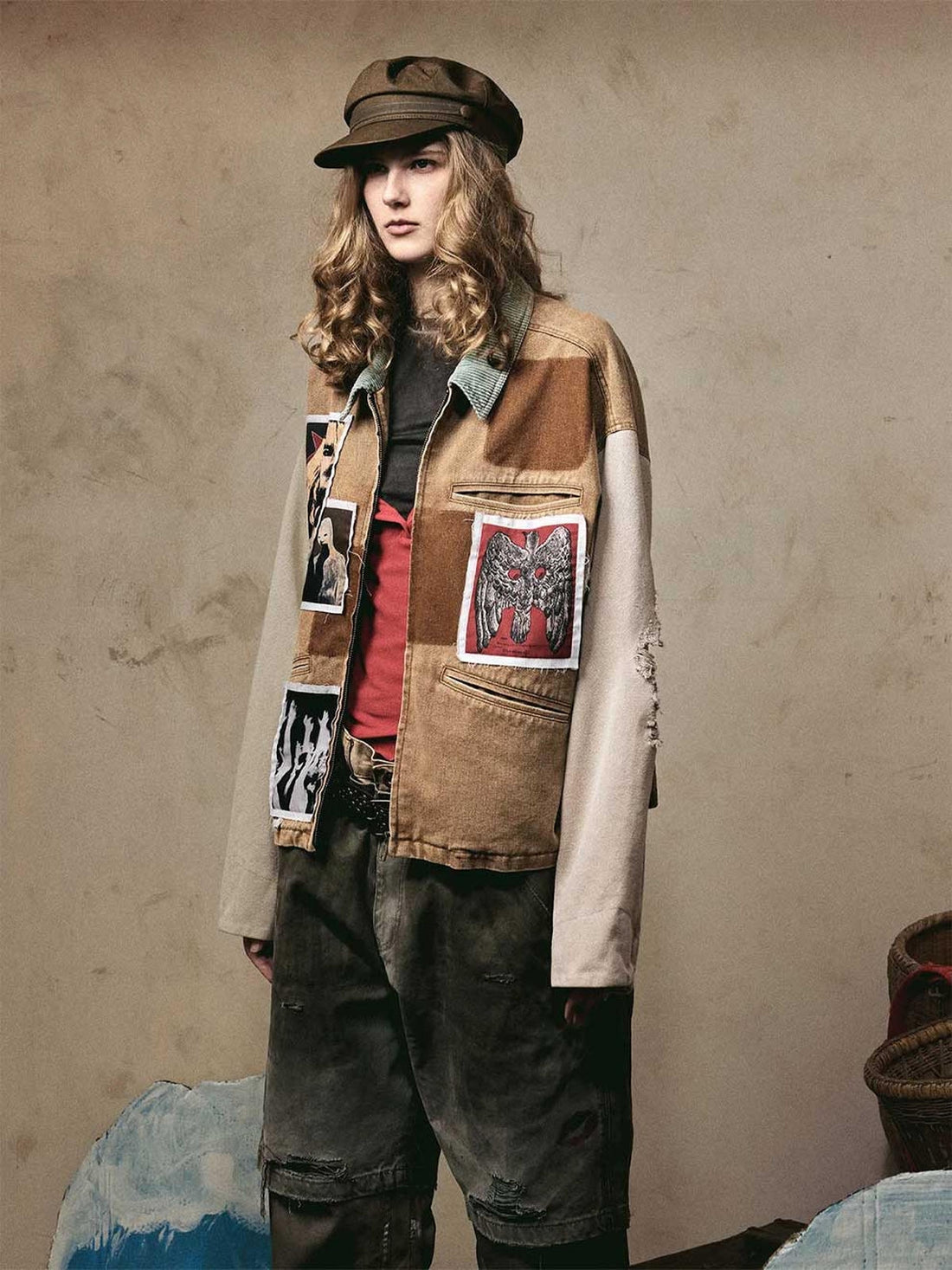 EMBROIDERED COLLAGE PRINT DISTRESSED MULTICOLOR Y2K JACKET