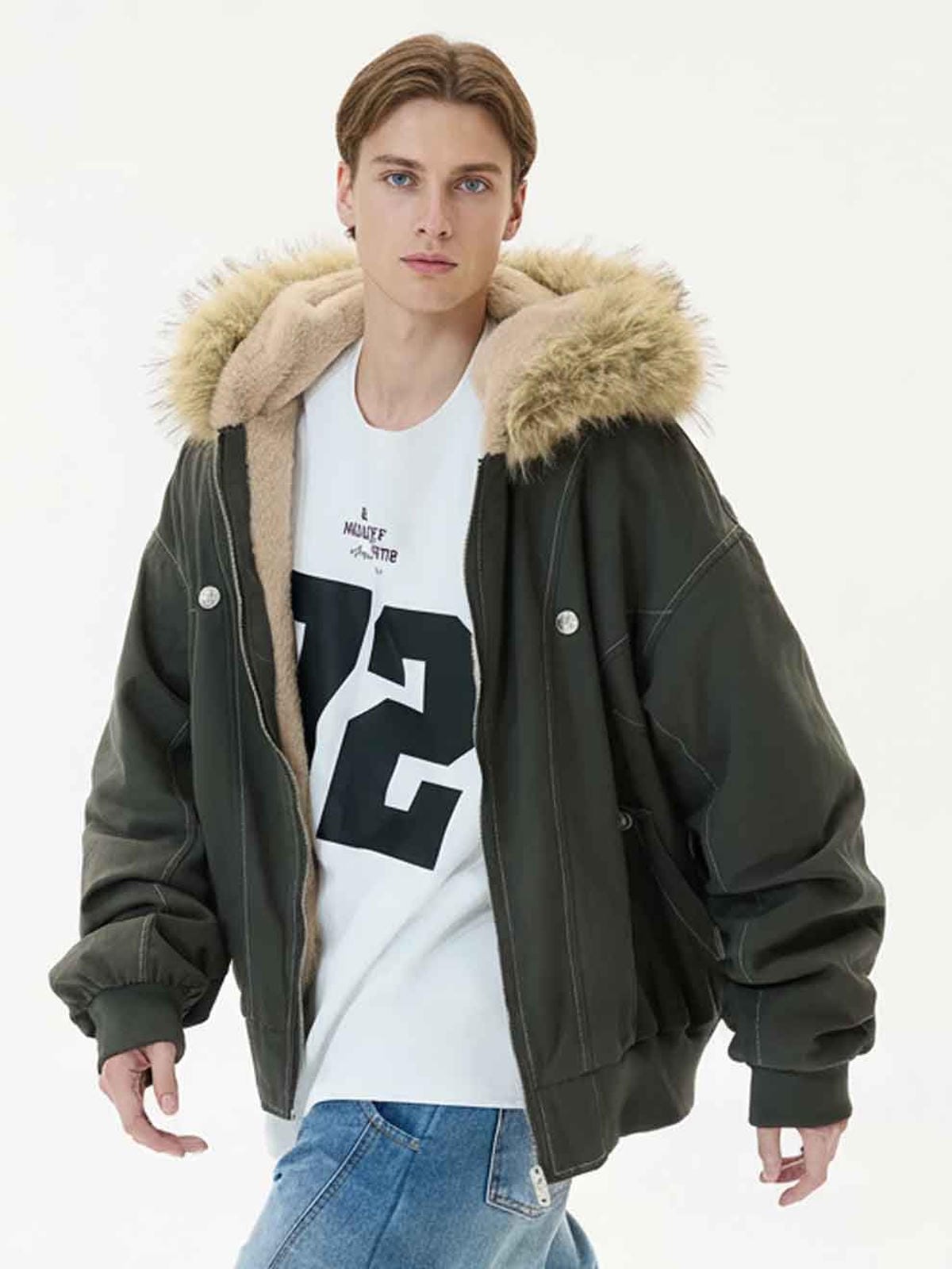 green faux fur Lined bomber y2k jacket for men