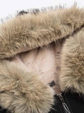 Close-up of a fur-lined hooded garment with a zipper.