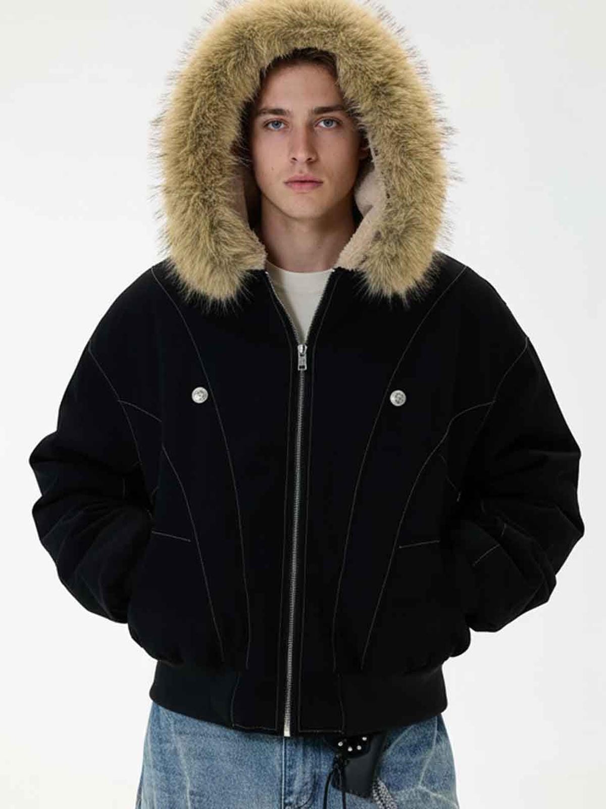 Black faux fur Lined bomber y2k men's jacket