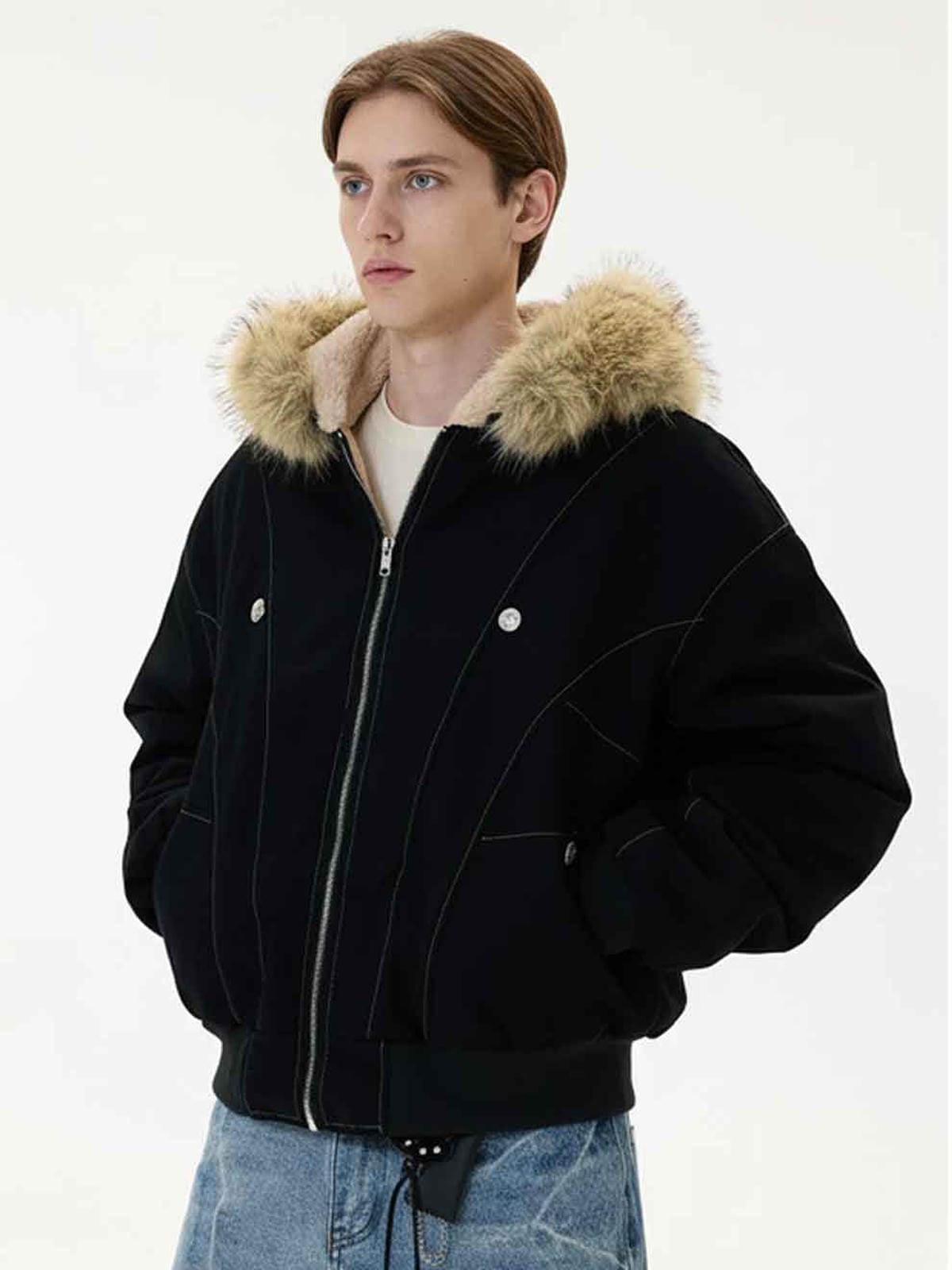 Black faux fur Lined bomber y2k jacket for men