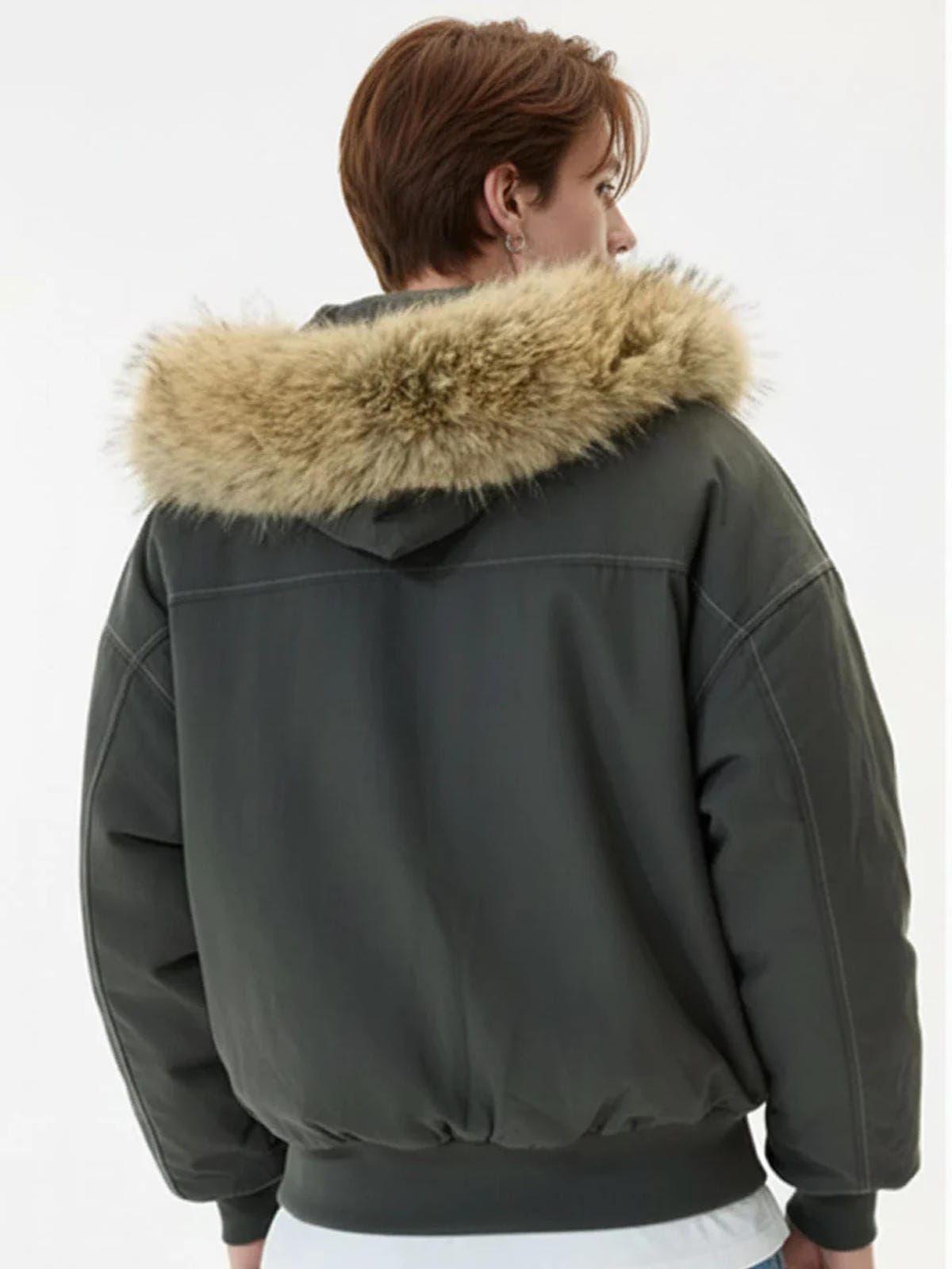 Green faux fur Lined bomber y2k men's jacket